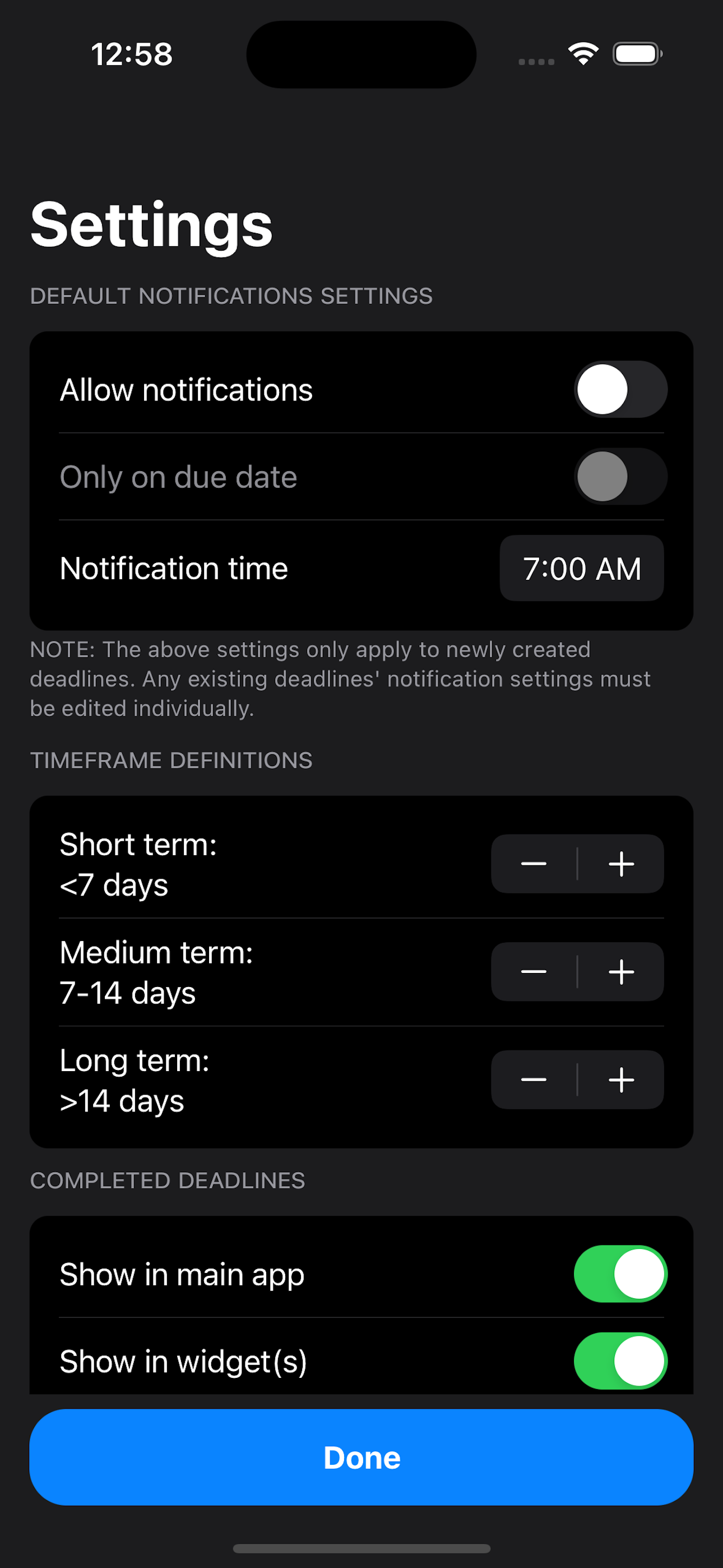 Settings menu inside app