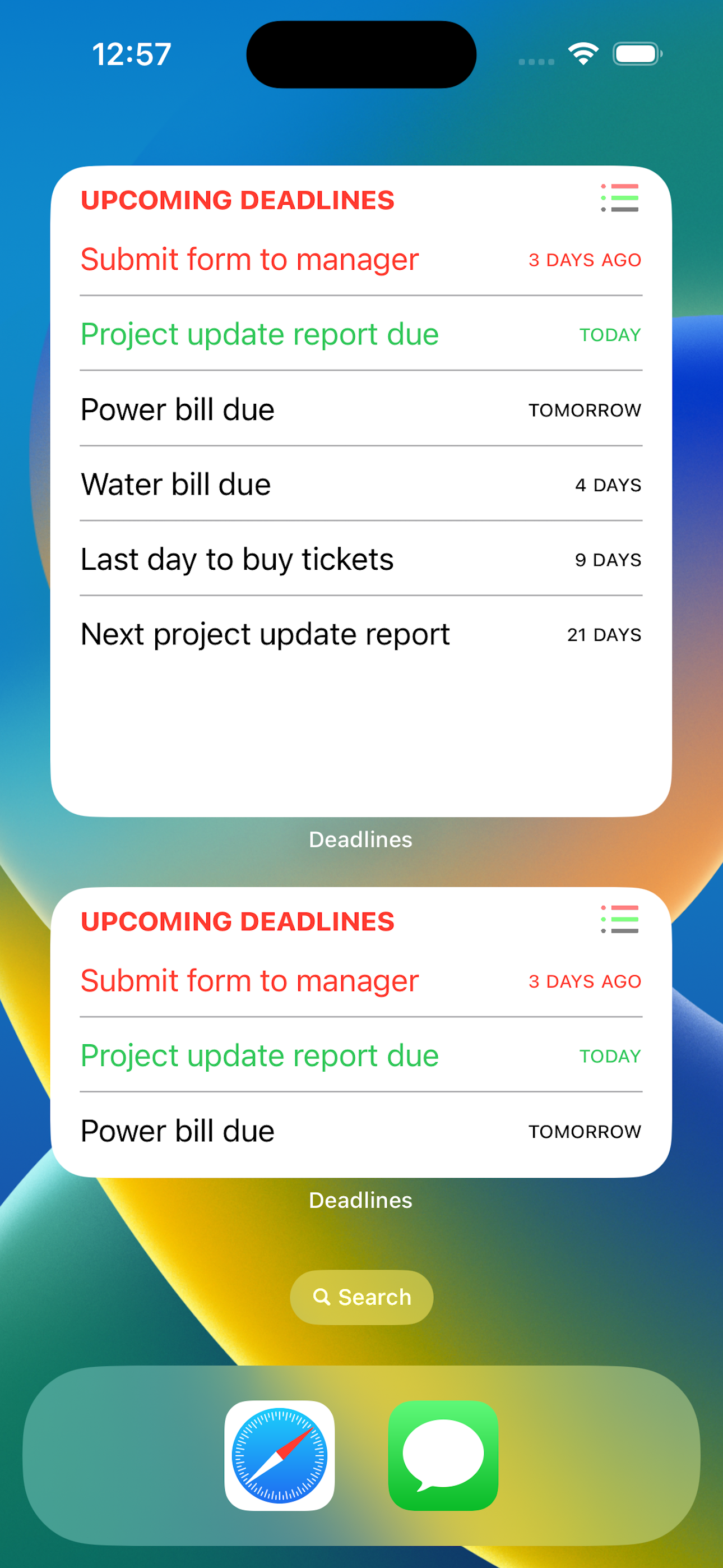 Screenshot showing widgets on iOS home screen